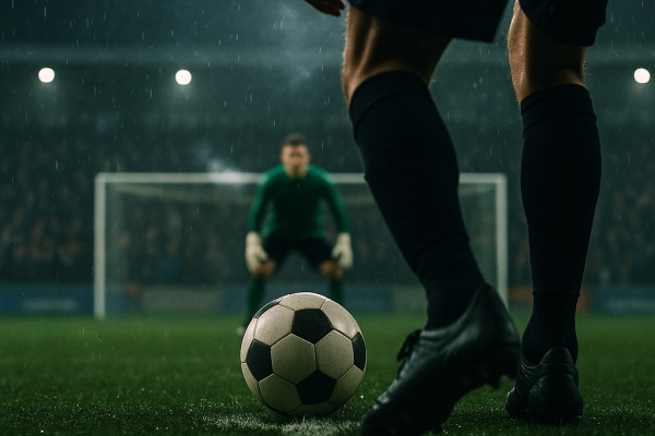 Soccer final penalty moment under floodlights, capturing pressure, tactics, psychological duel