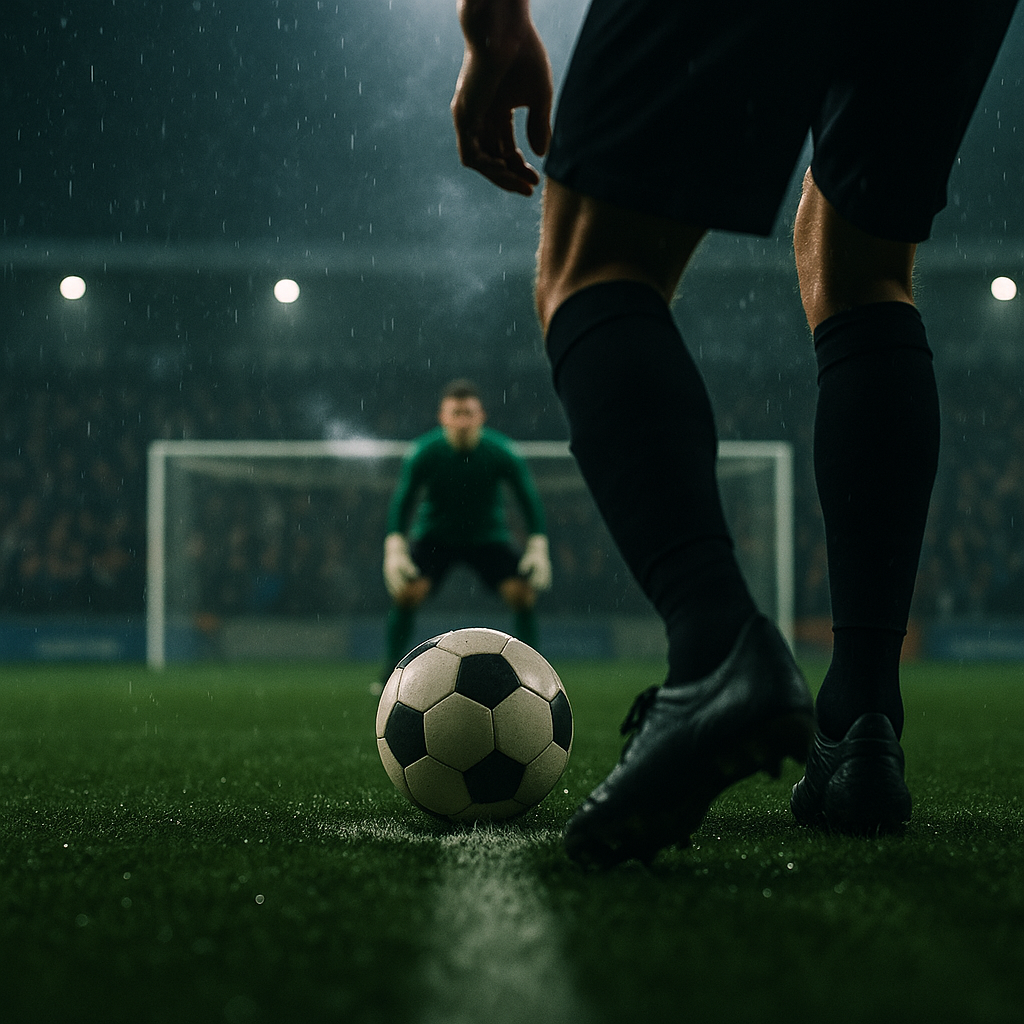 Soccer final penalty moment under floodlights, capturing pressure, tactics, psychological duel